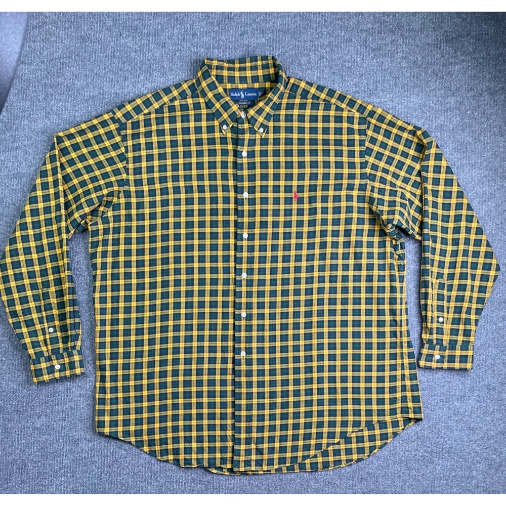 Ralph Lauren Button Down Men XXL‎ Green Yellow Plaid Classic Fit Long Sleeve
